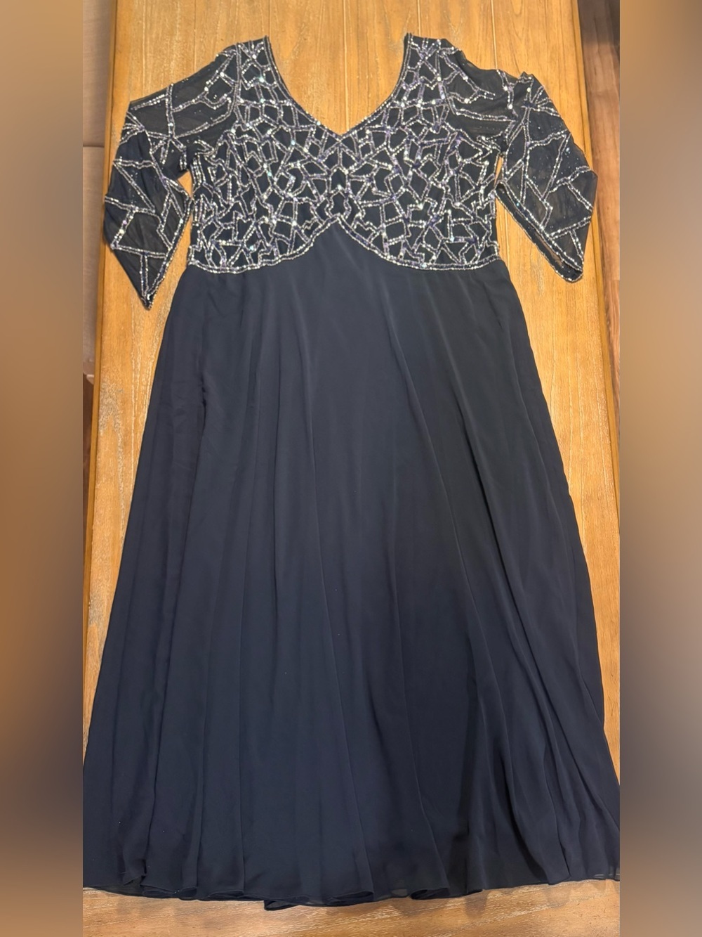 J Kara Navy Beaded Long Sleeve Evening Gown #102